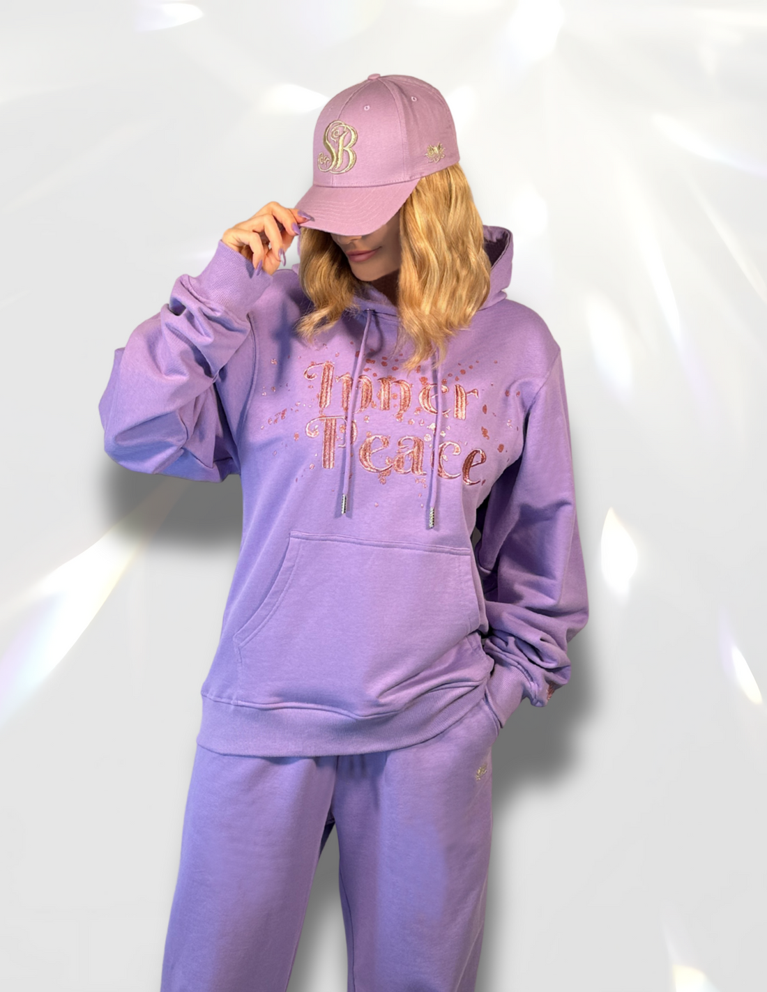 Front view lilac Inner Peace hoodie with rose-gold embroidery and glitter design with matching set by Spicy Bloom