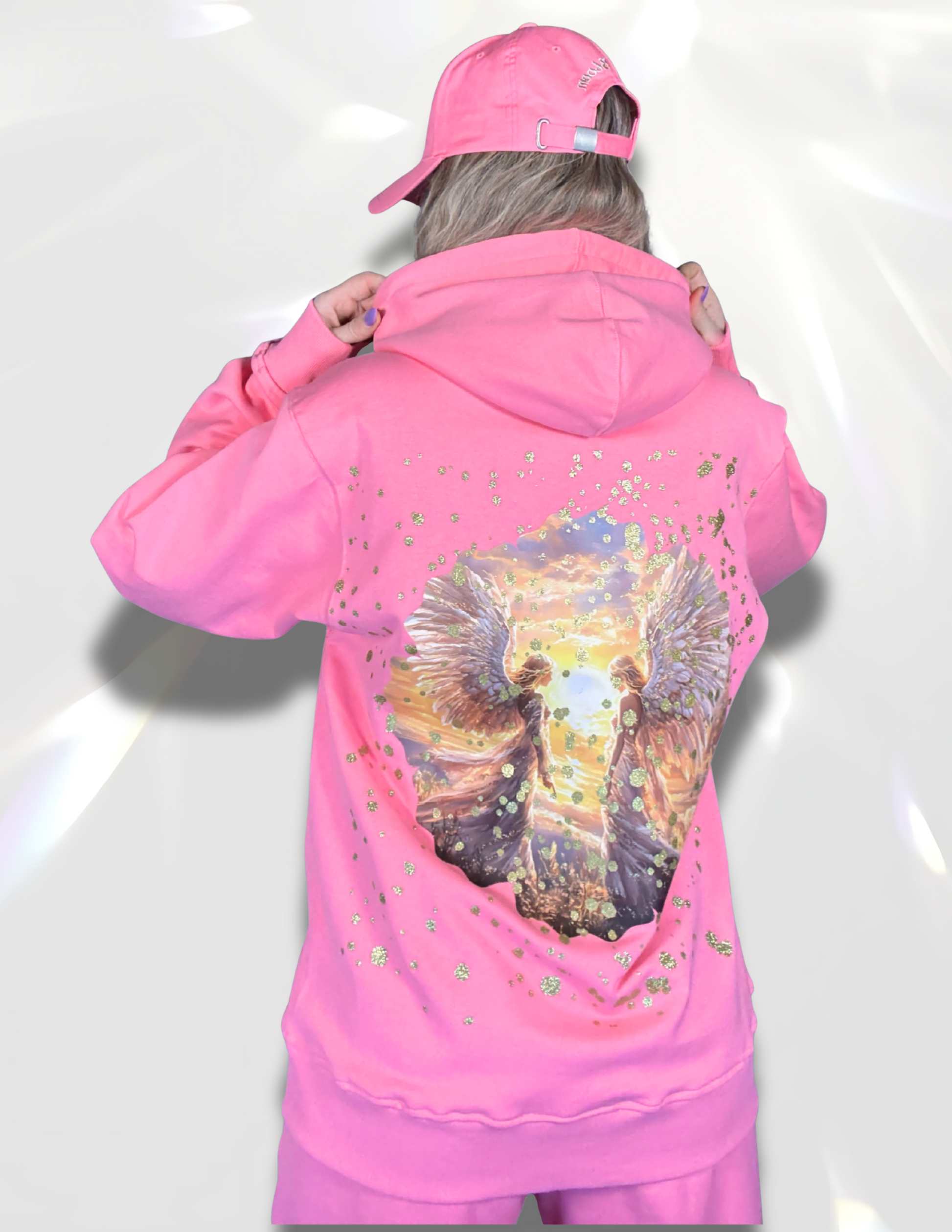 Pink Hoodie with gold  glitter print  and large colorful celestial DTF print on the back
