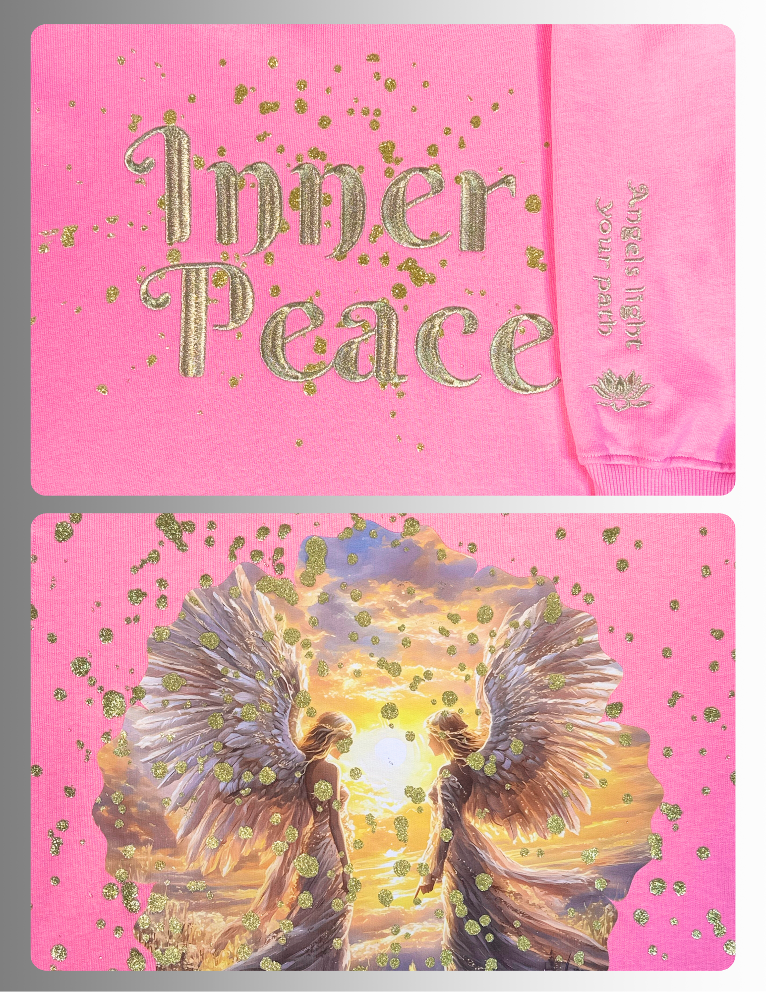 Pink Hoodie details with gold inner peace embroidery sparkles and large celestial DTF print  on the back
