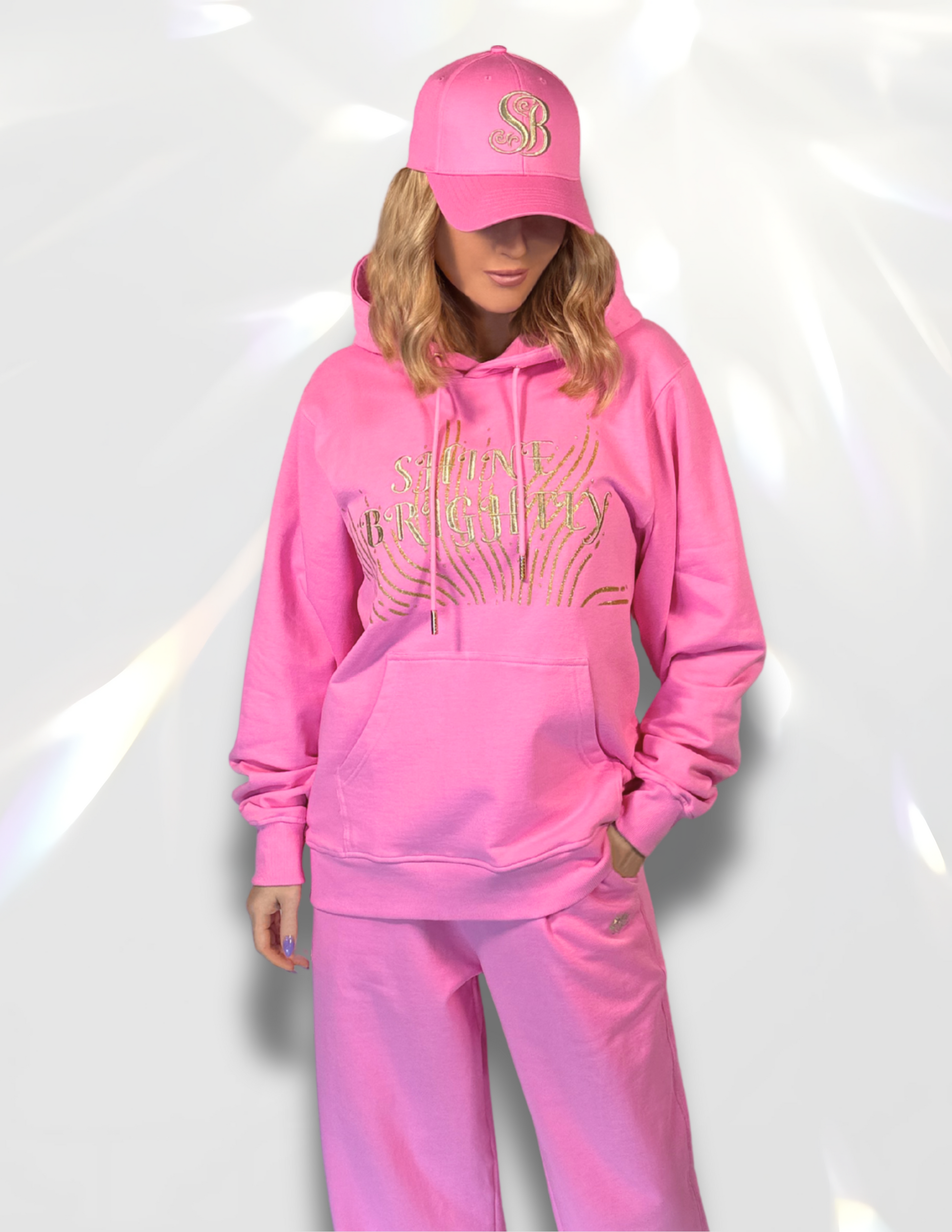 Shine Brightly Gold Glitter Oversized Hoodie matching set with gold glitter pants and hat – Spicy Bloom crewneck.