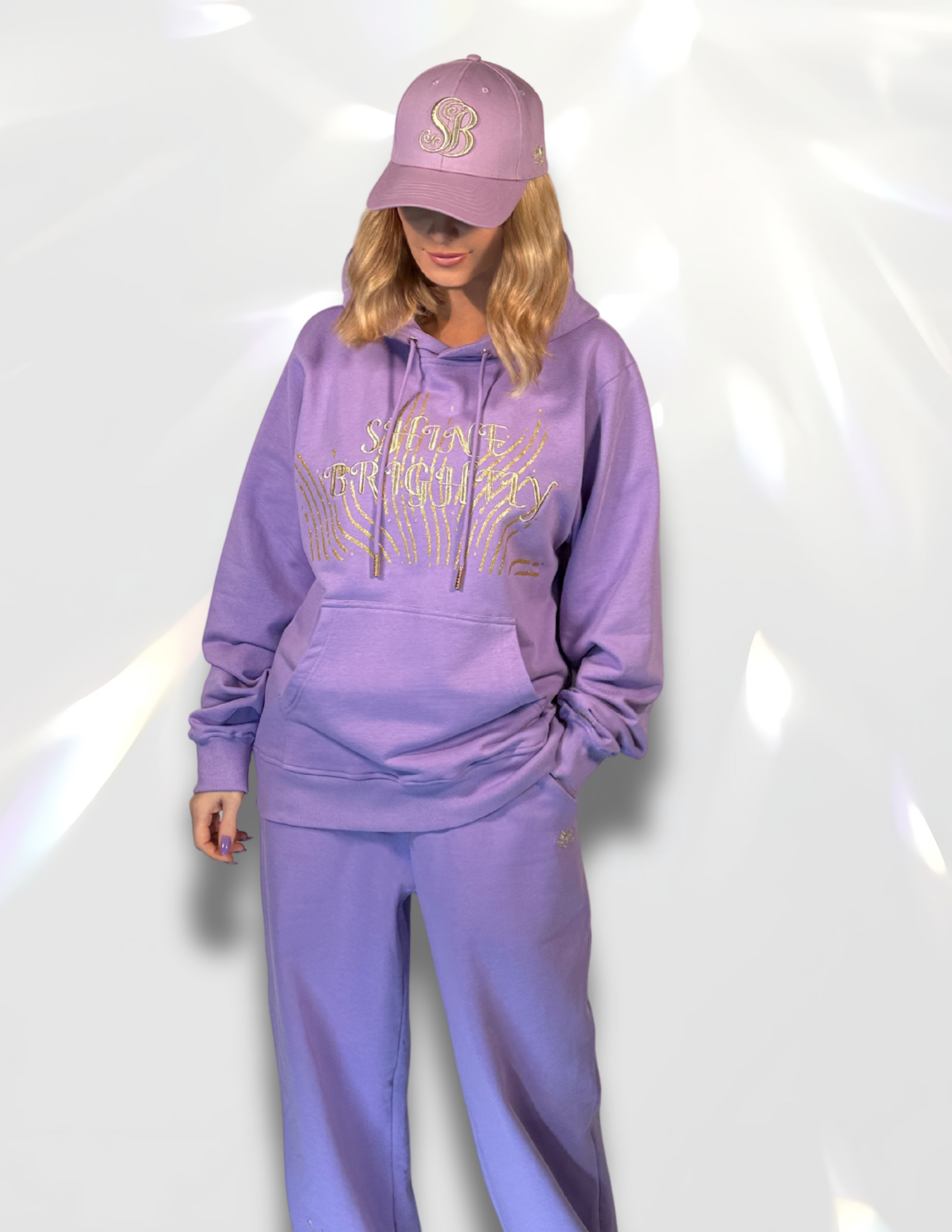 Shine Brightly Gold Glitter Oversized Hoodie matching set with gold glitter pants and hat – Spicy Bloom crewneck.