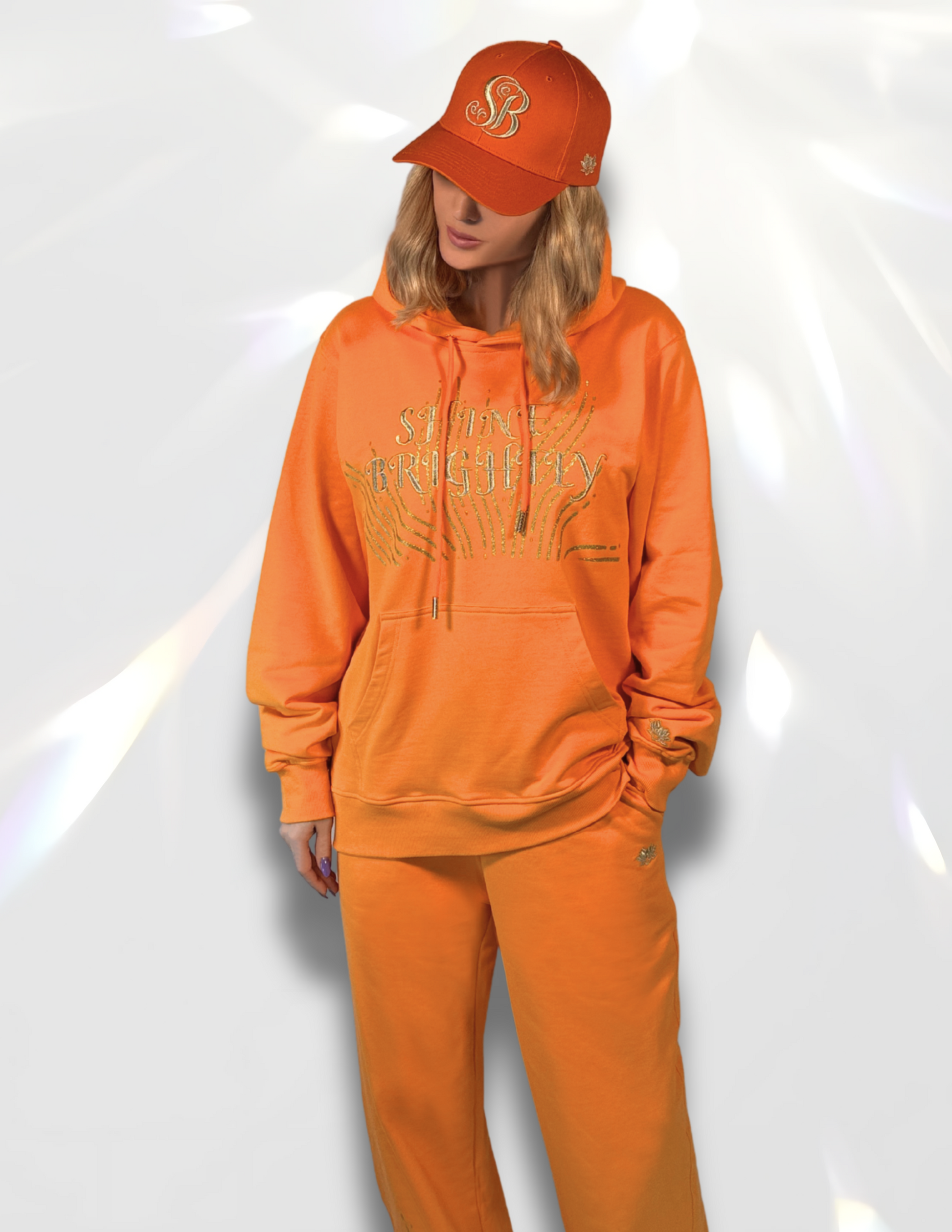 Shine Brightly Gold Glitter Oversized Hoodie matching set with gold glitter pants and hat – Spicy Bloom crewneck.