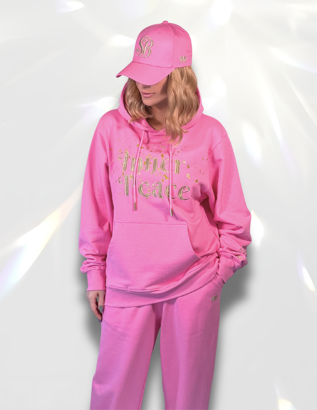 Pink Hoodie gold sparkle glitter print  and metallic inner peace embroidery matching hat and pants