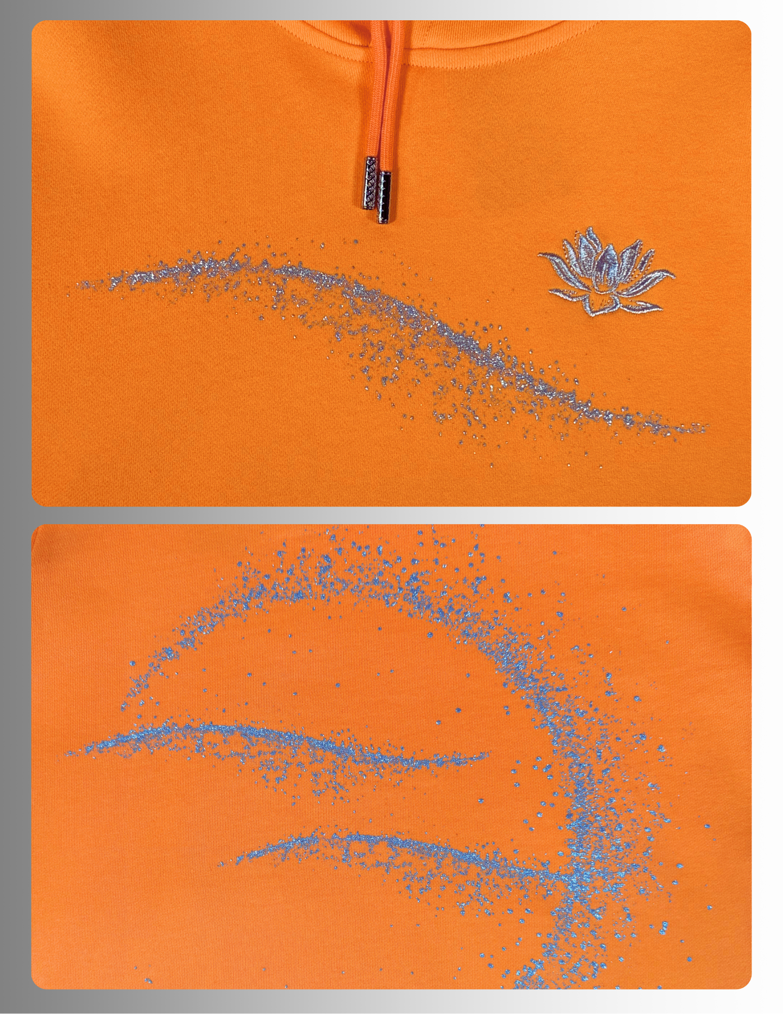 Silver metallic print and embroidery orange hoodie  – French Terry Moon Silver Glow by Spicy Bloom