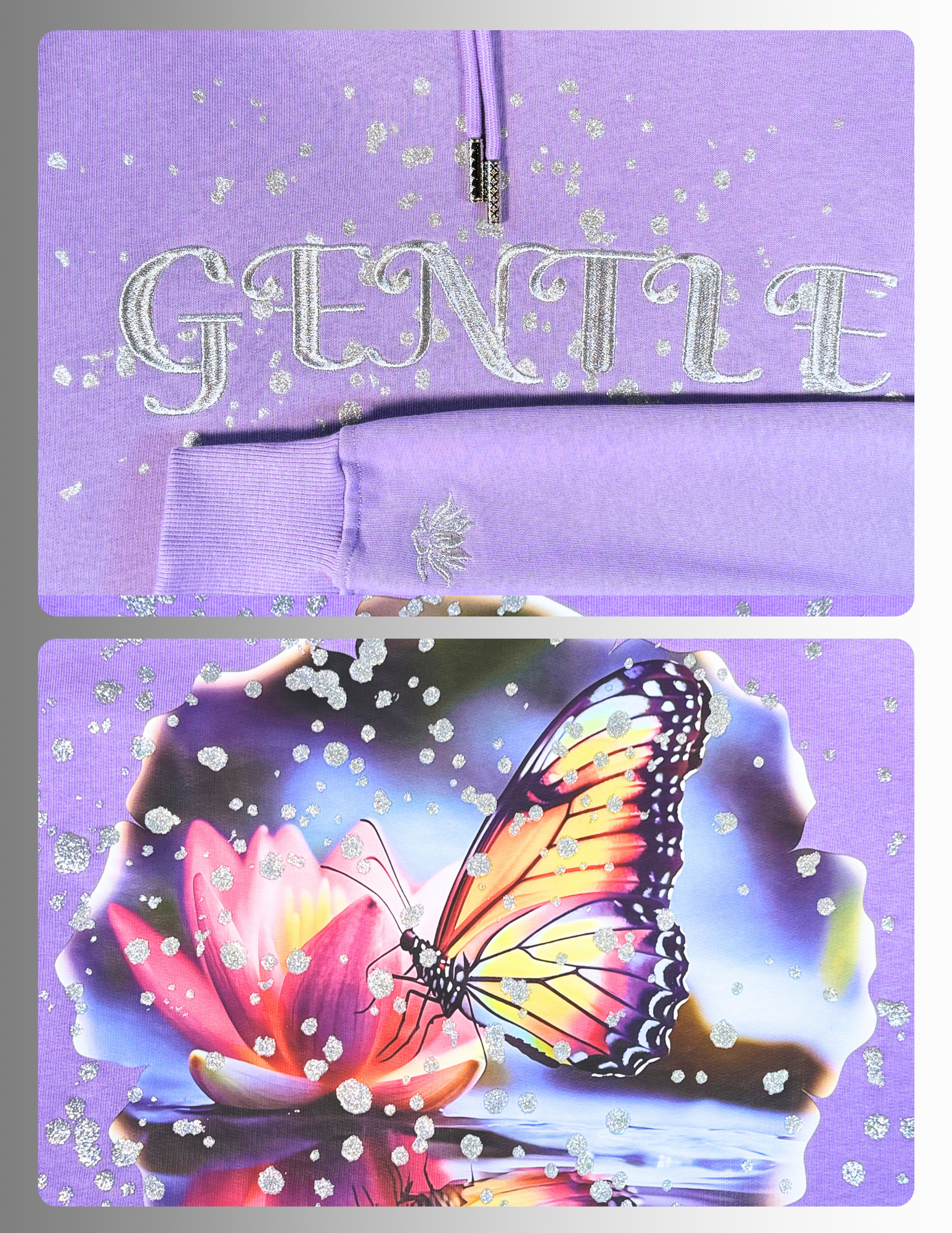 Gentle Silver Oversized lilac Hoodie – glitter butterfly DTF print by Spicy Bloom