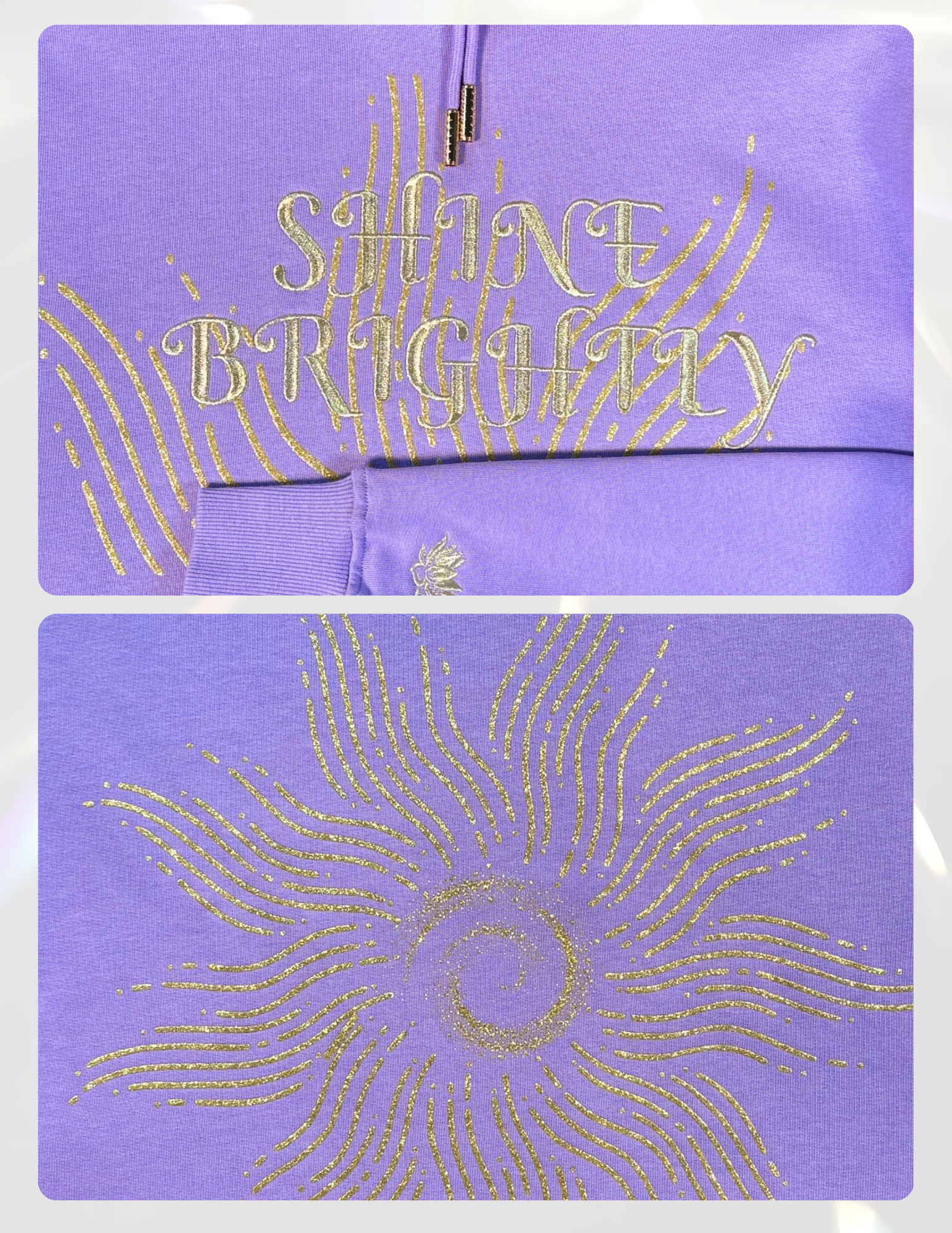 Hoodie with gold embroidery and glitter sparkles front view large sun gold glitter print on the back
