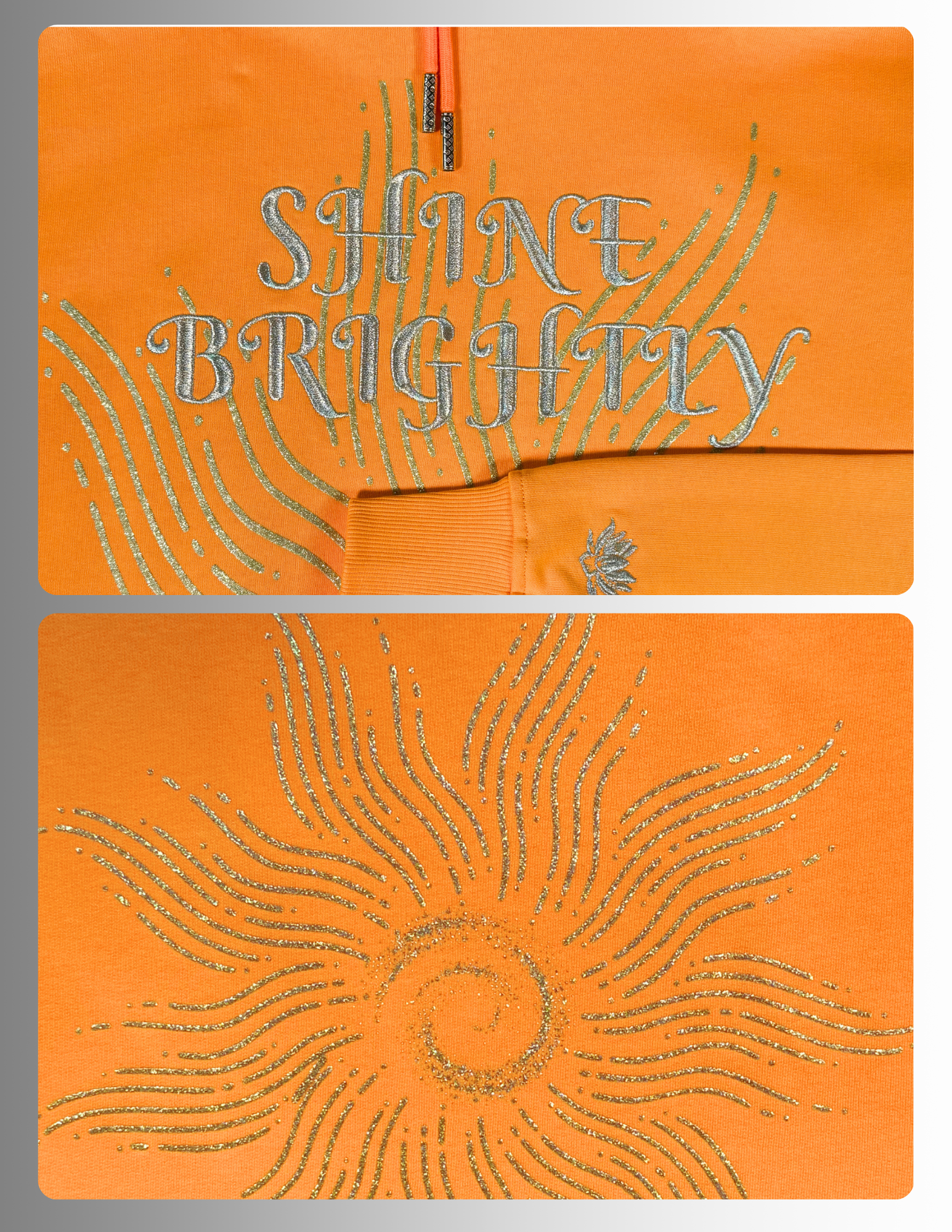 Hoodie with gold embroidery and glitter sparkles front view large sun gold glitter  print on the back