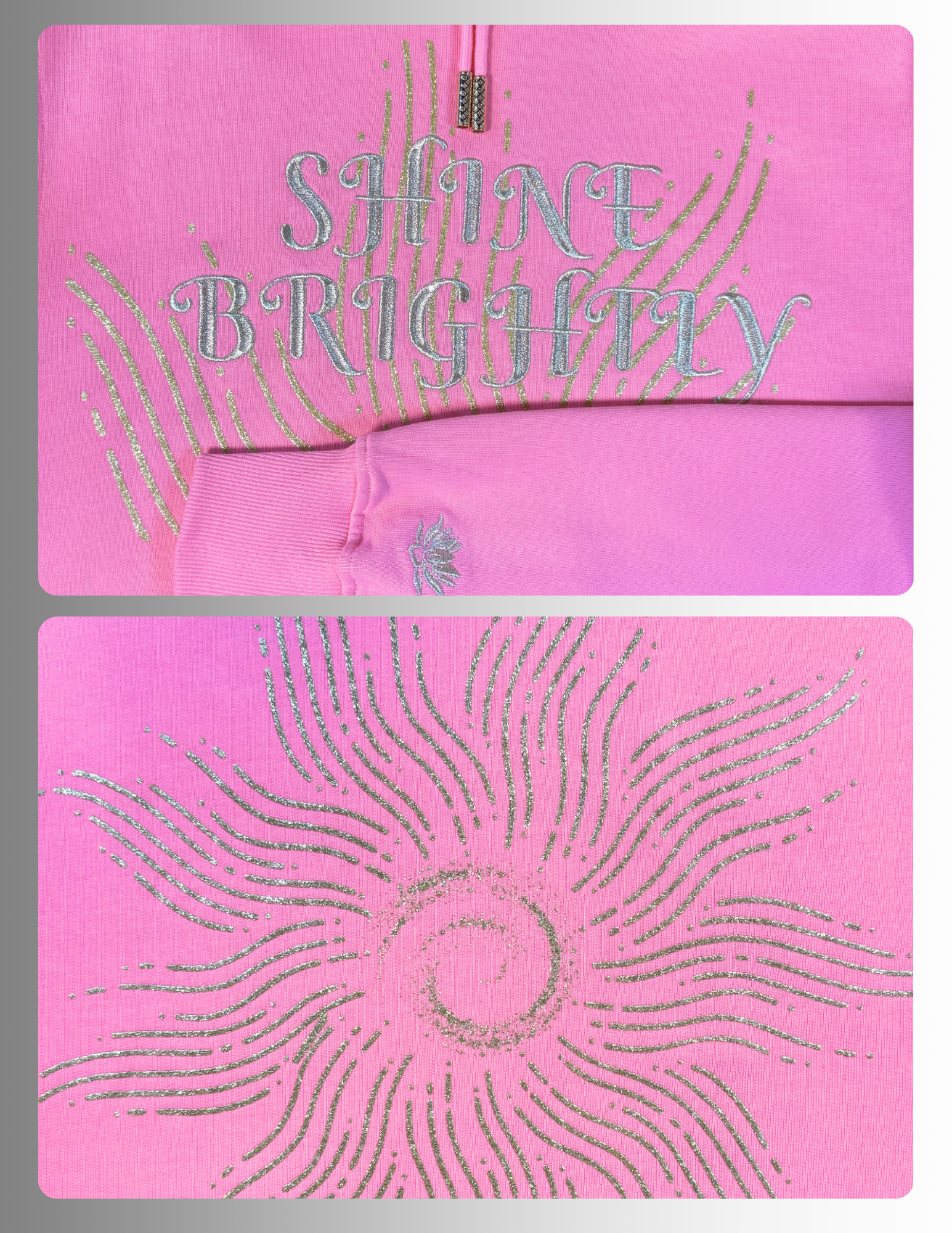 Hoodie with gold embroidery and glitter sparkles front view and  large sun gold glitter print on the back