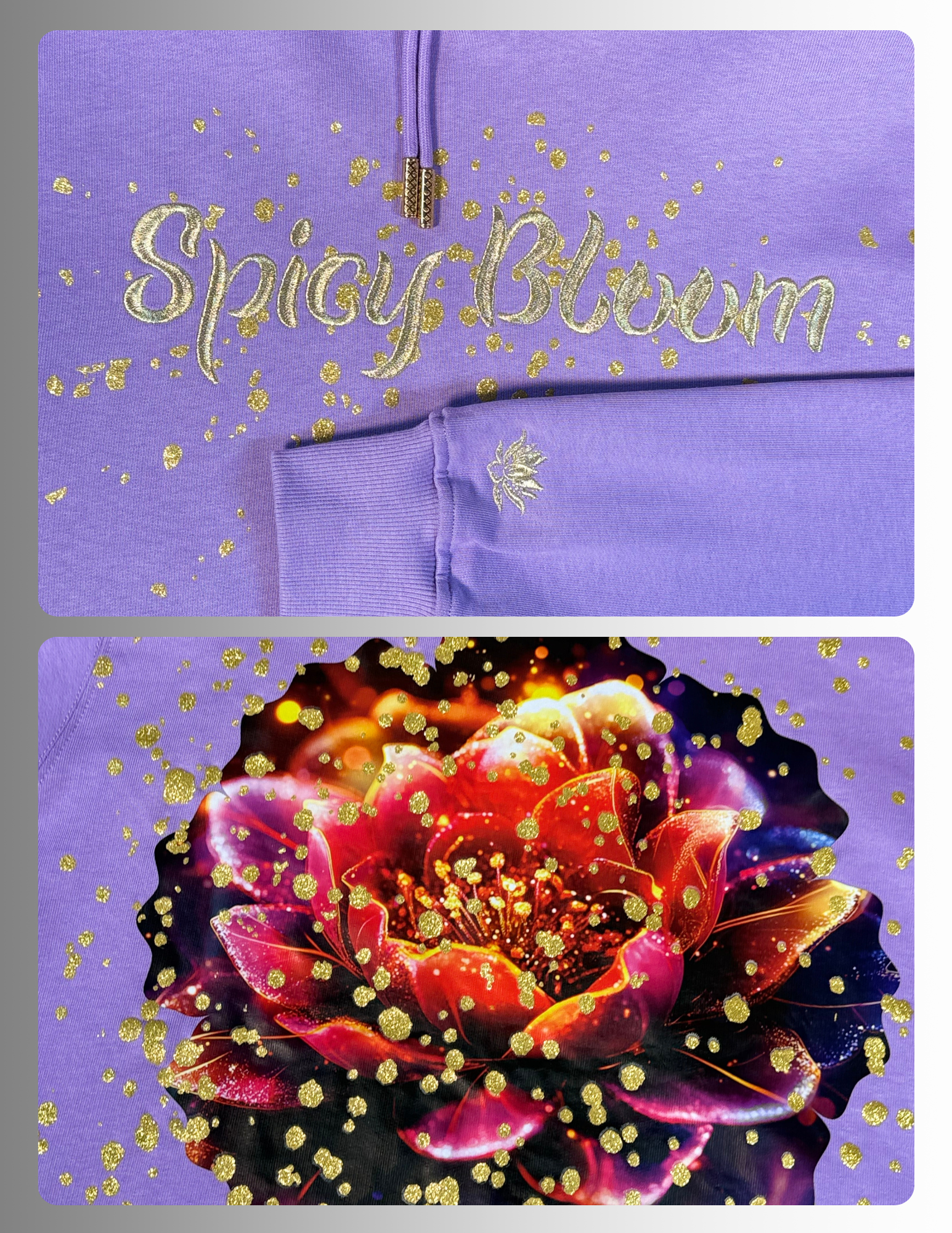 hoodie with gold glitter print  and metallic embroidery upfront and large lotus DTF and glitter print  on the back