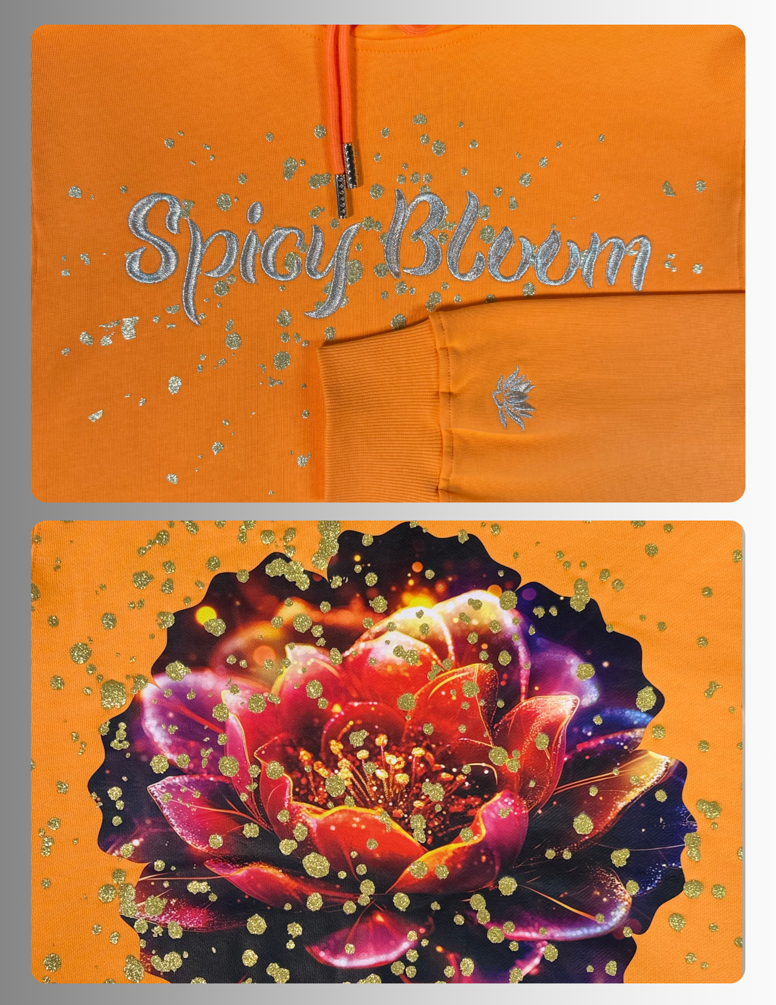 Gold metallic crewneck hoodie large DTF print  – Spicy Bloom Signature Set.