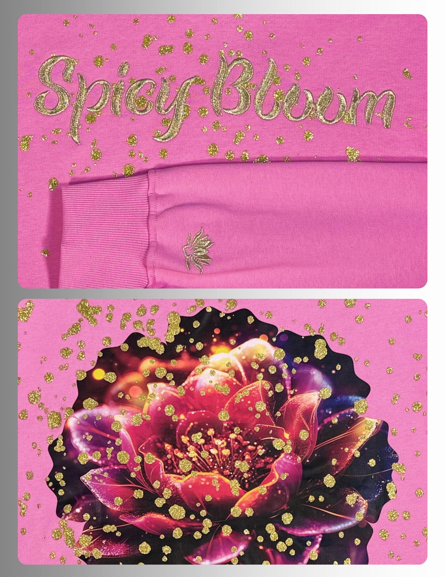 hoodie with gold glitter print  and metallic embroidery upfront and large lotus DTF and glitter print on the back