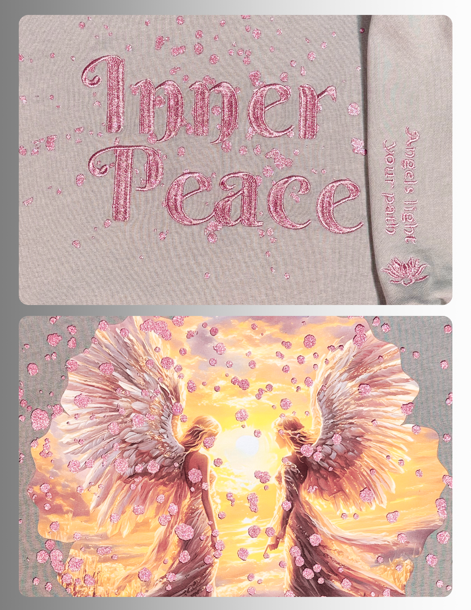 Gray Hoodie rose gold sparkle glitter print  and metallic inner peace embroidery colorful celestial DTF print  on the back