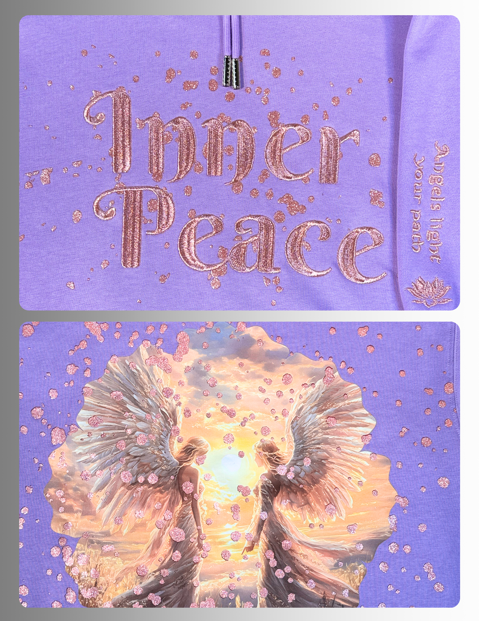 Lilac Hoodie rose gold inner peace embroidery with sparkle glitter print  and large celestial DTF print  on the back