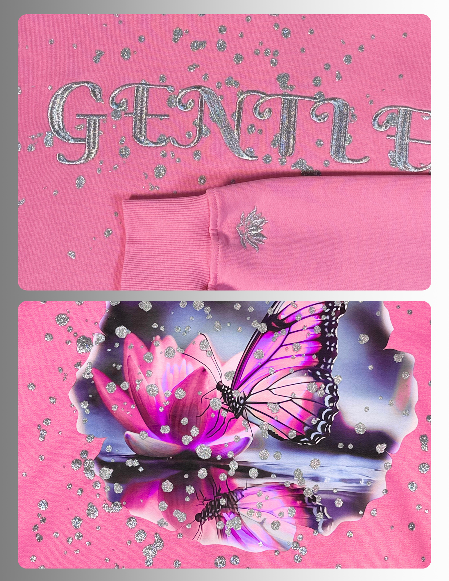 Pink hoodie details with silver sparkle with embroidery  upfront and  glitter print with large colorful butterfly DTF print  on the back