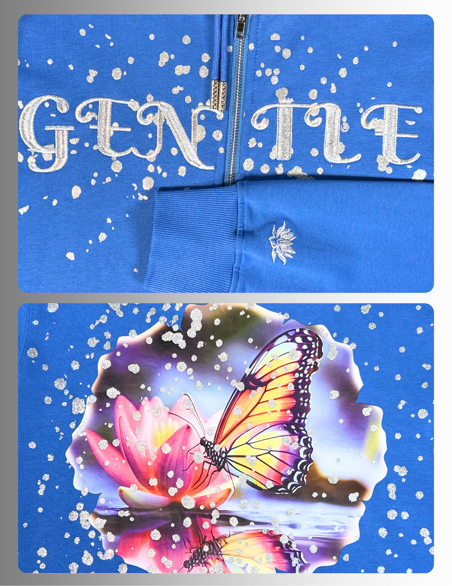 Oversized French Terry butterfly print hoodie – Gentle Silver Embroidery by Spicy Bloom
