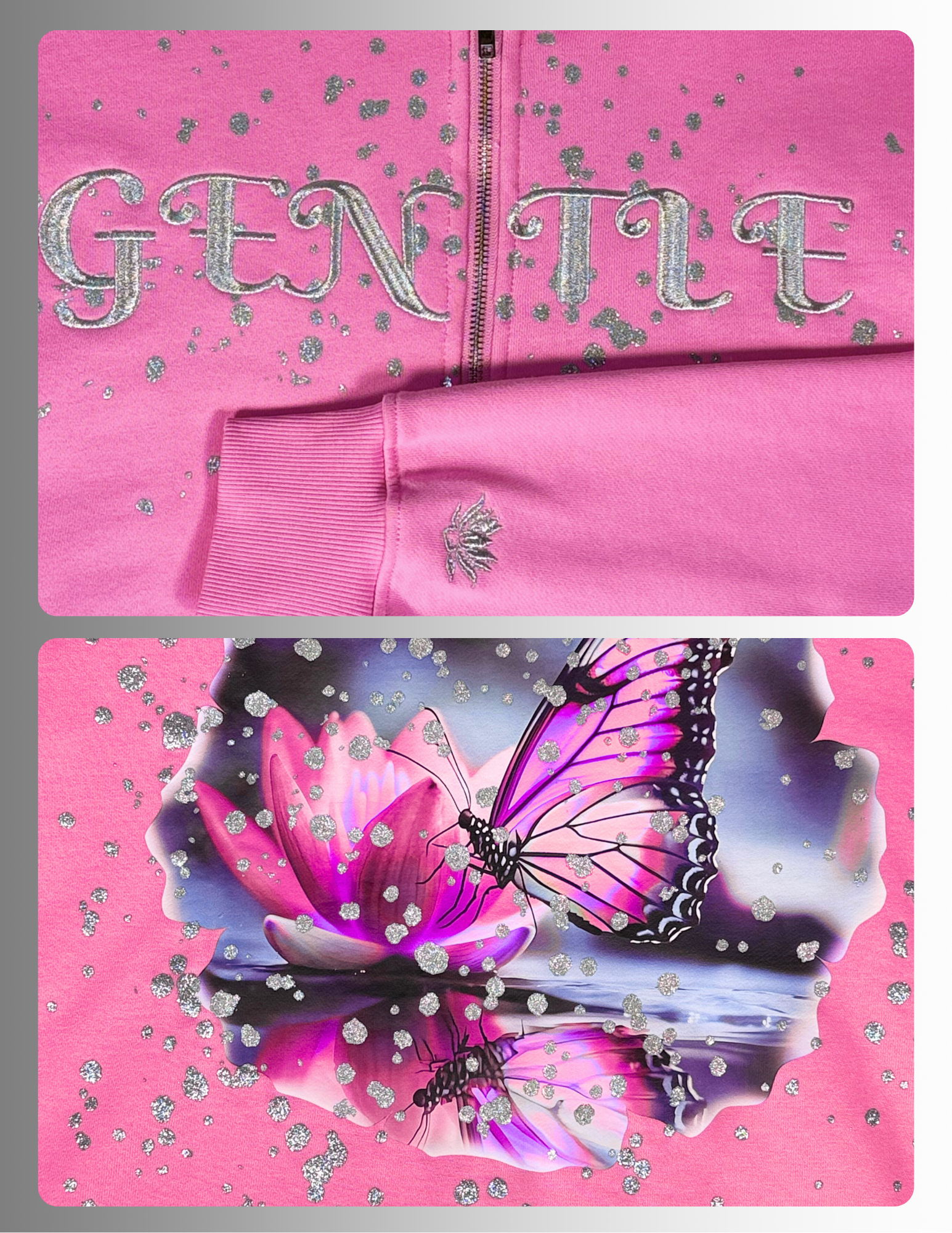 Gentle Silver embroidery Oversized Hoodie – glitter butterfly print by Spicy Bloom