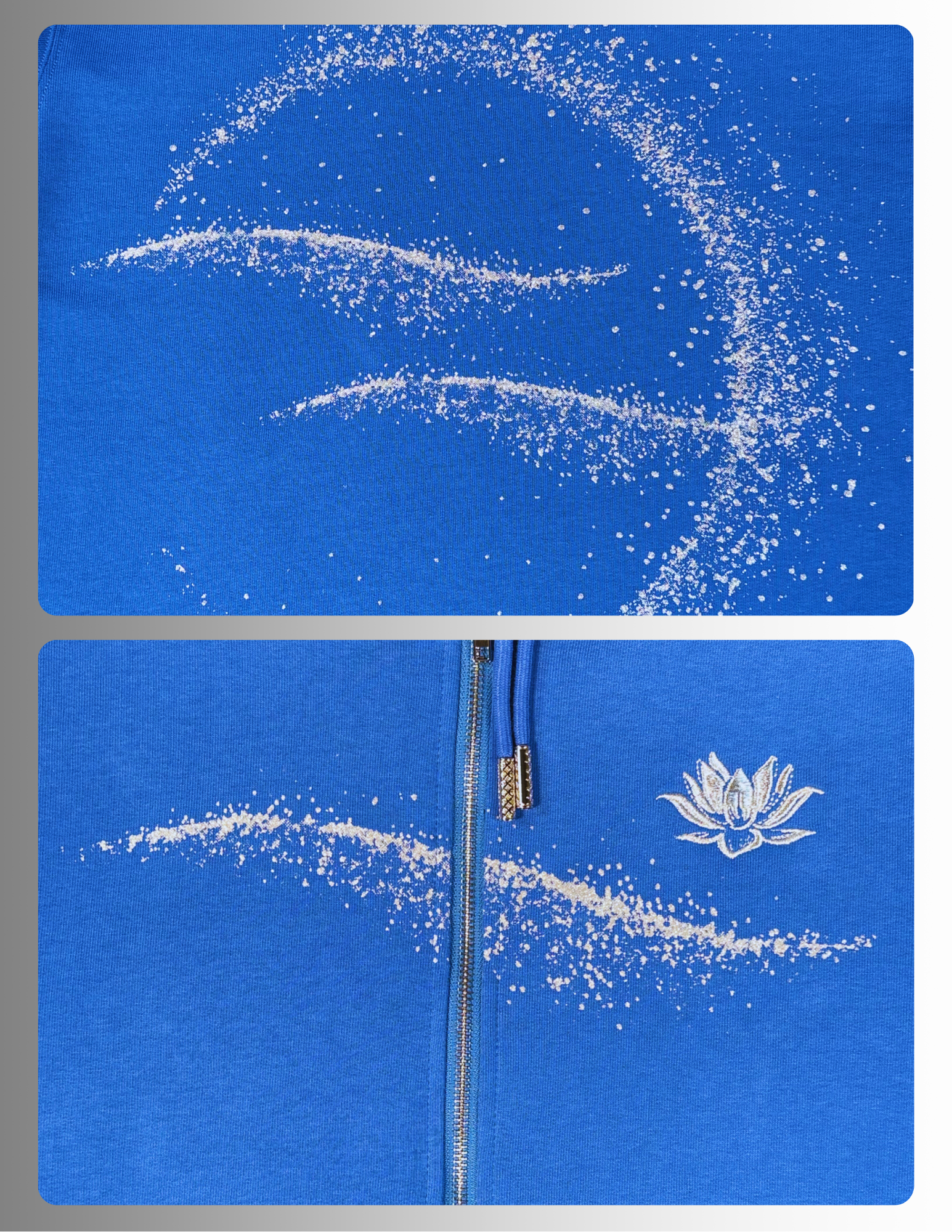 Moon Silver Glow Oversized zip up royal blue Hoodie by Spicy Bloom – metallic zip hoodie, silver glitter print.